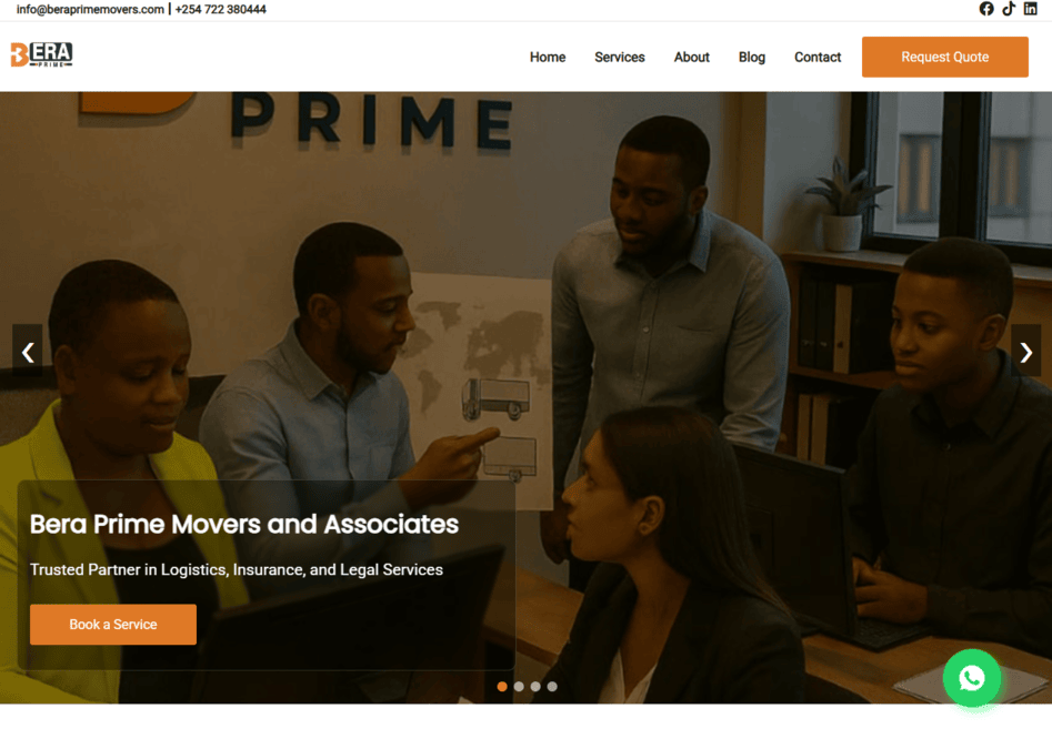 Bera Prime Movers website hero image. A website built by Meshack Locho