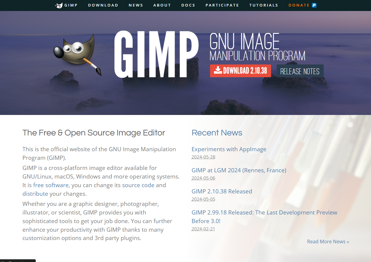 image showing gimp's homepage