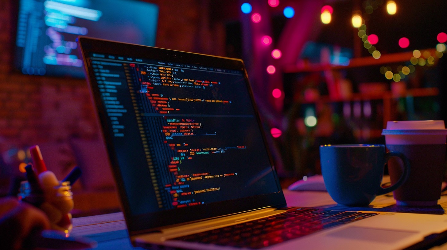 dark image of a laptop besides a coffee cup