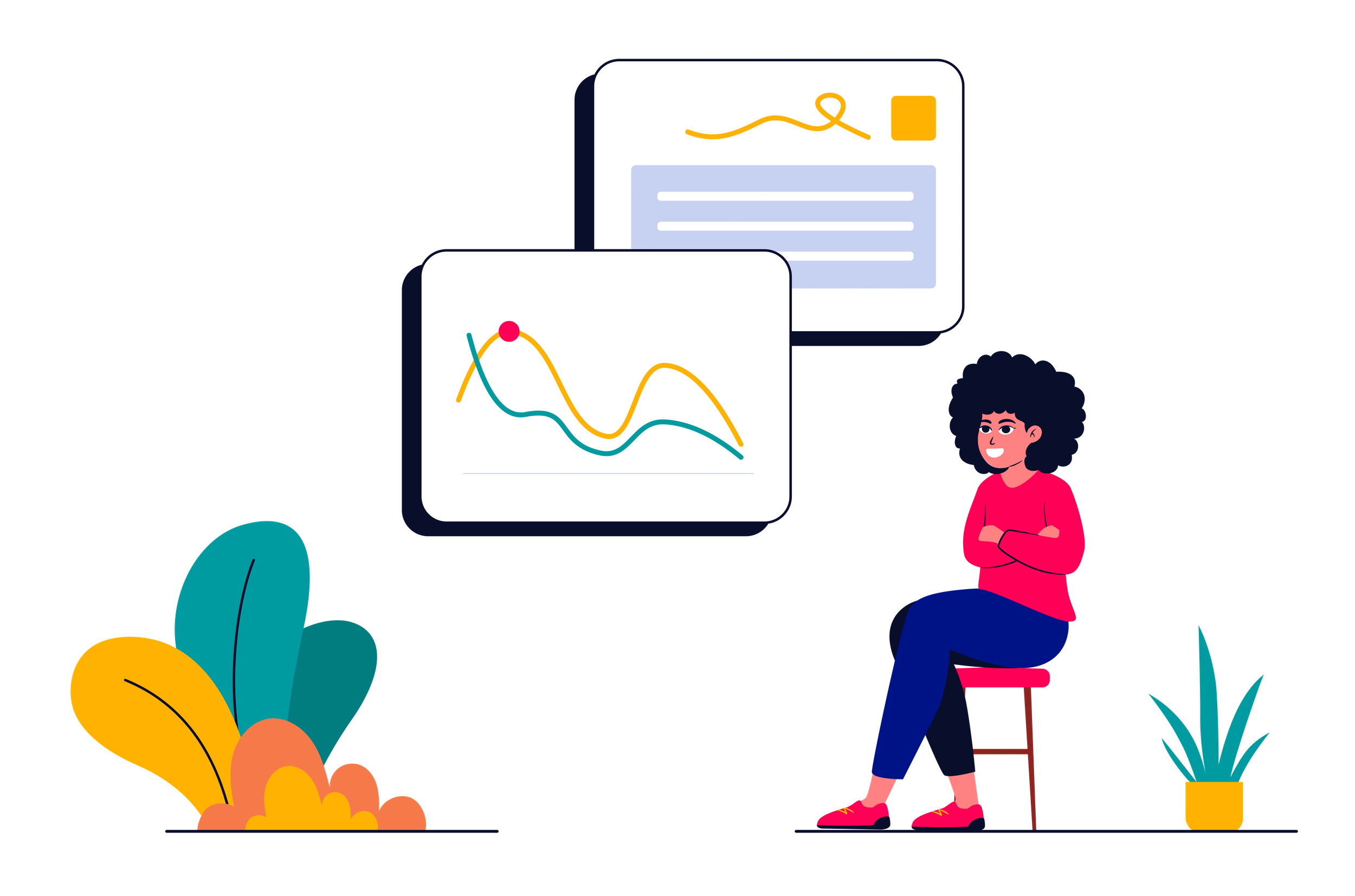 Cartoon illustration of a woman sitting with floating screens