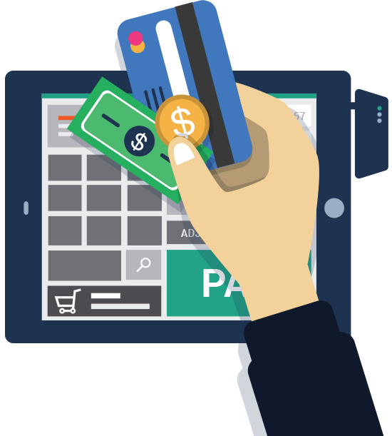 cartoon illustration of a hand holding a note and a bank card about to pay for services delivered in BusinessBuzzer