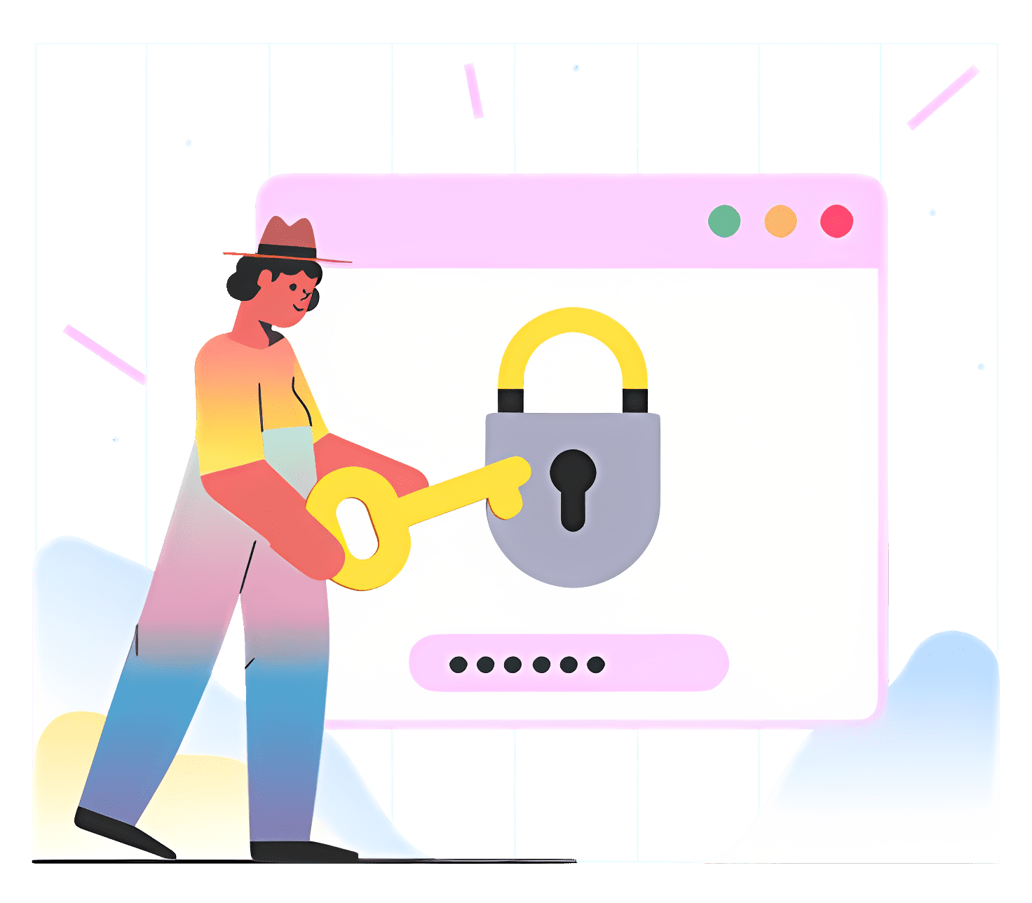 cartoon illustration of a person inserting a key to a lock representing secure user-authentication in BusinessBuzzer