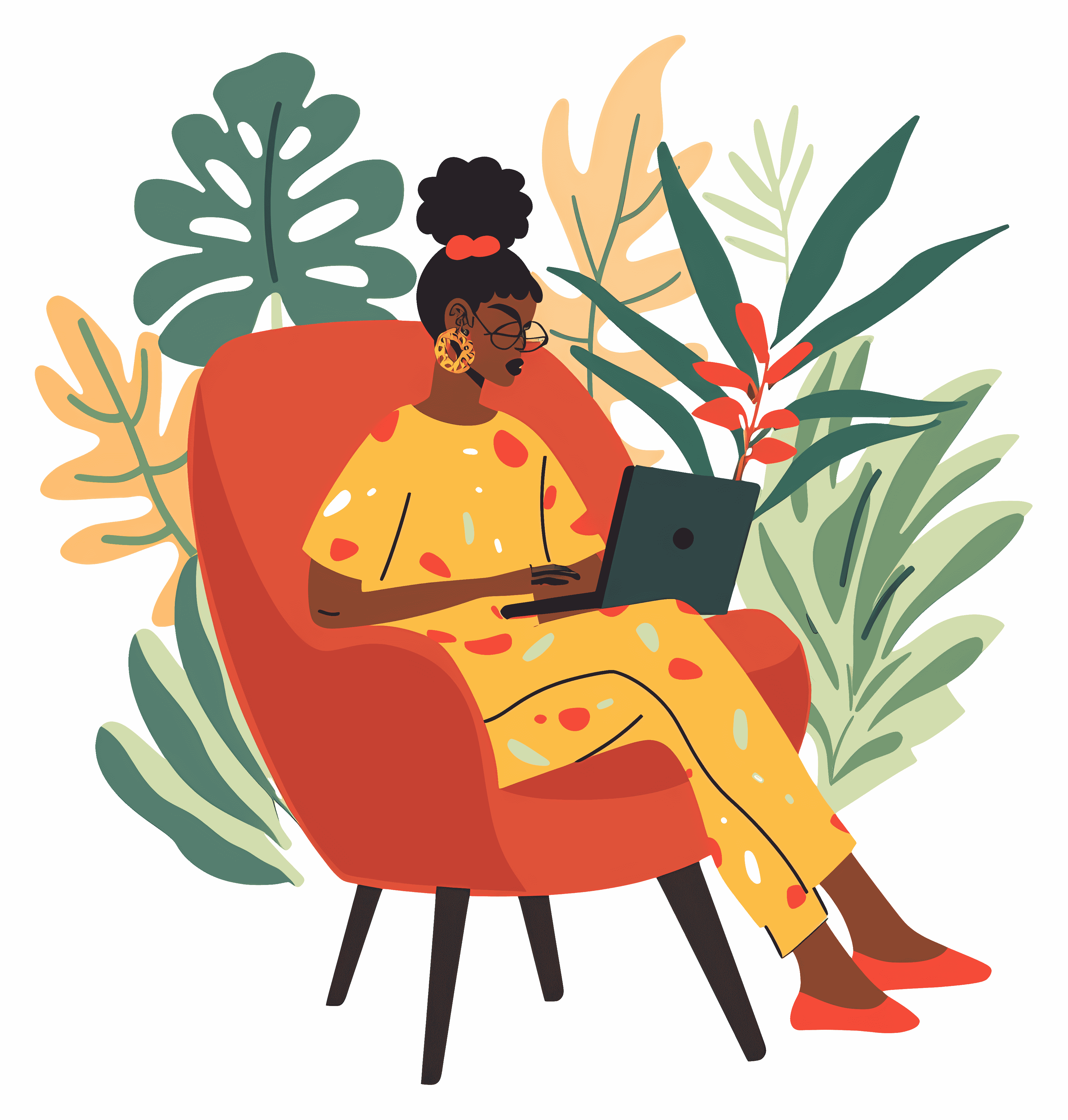 cartoon illustration of a woman sitting using a laptop browsing BusinessBuzzer