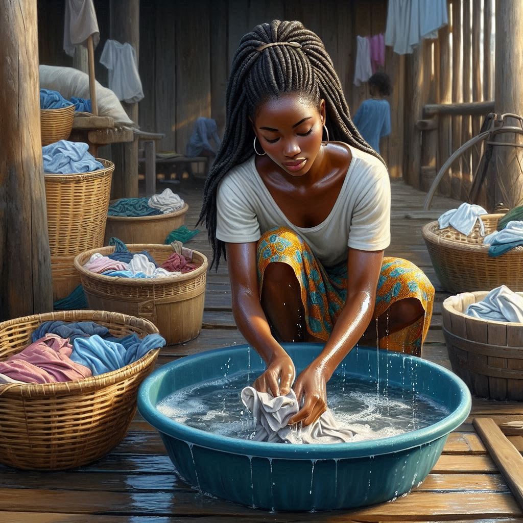 Image of an African female washing clothes